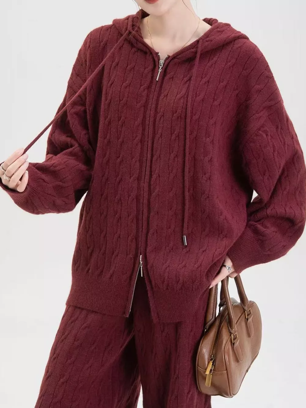 Cable Knit Zip-Up Hooded Cardigan and Wide-Leg Pants Sweater Set, image 21