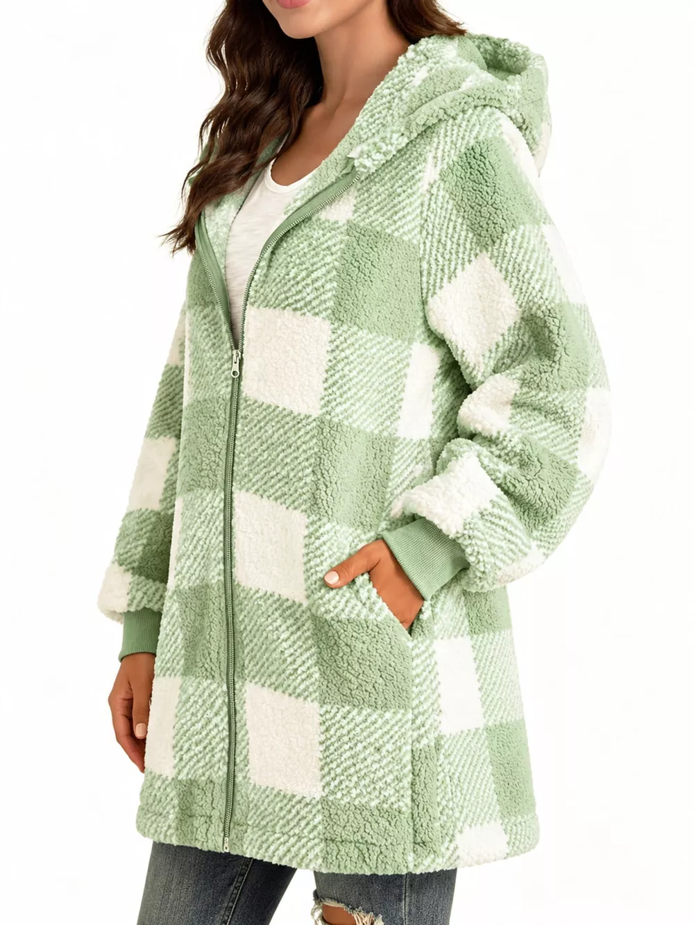 Full Size Plaid Sherpa Hooded Zip-Up Outerwear Plus Size, image 31