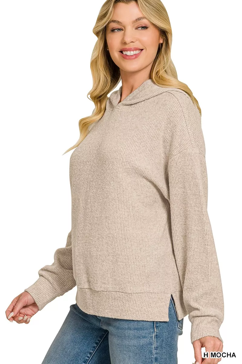 Zenana Brushed Ribbed Hacci Hoodie Pullover, image 2