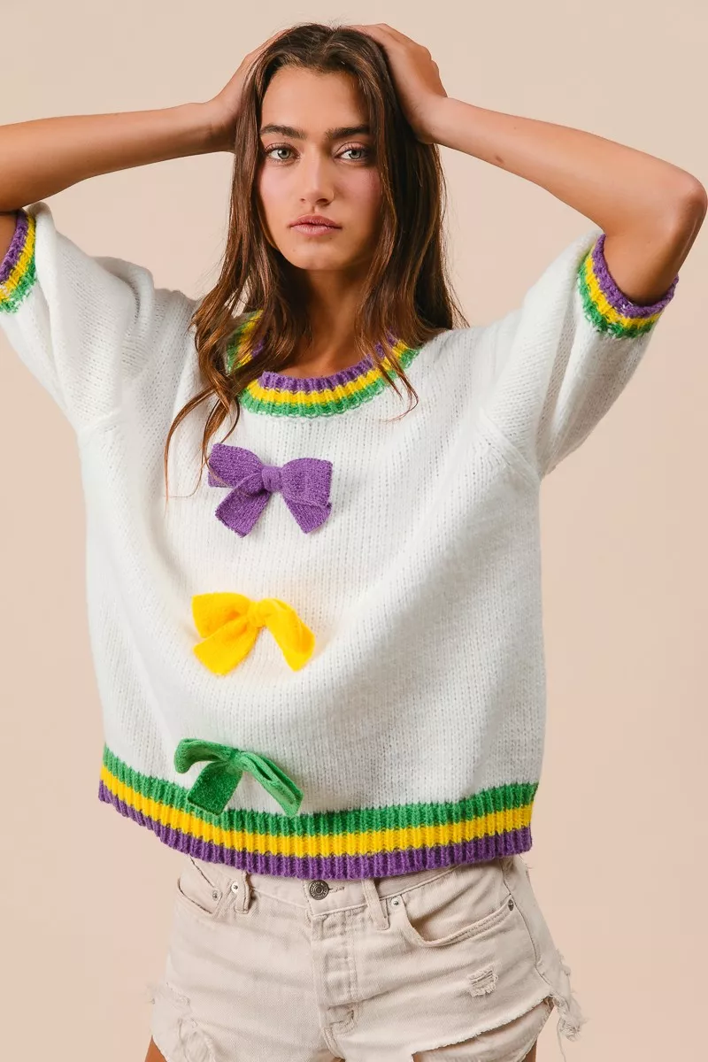 Short Puff Sleeve Ribbon Bow Mardi Gras Sweater, image 9
