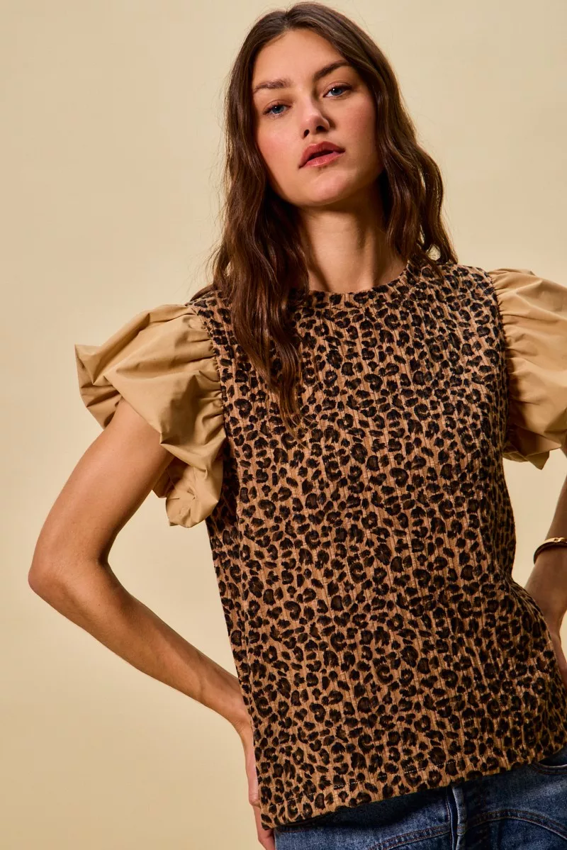 Leopard Pointelle Knit Top with Puff Sleeves, image 4