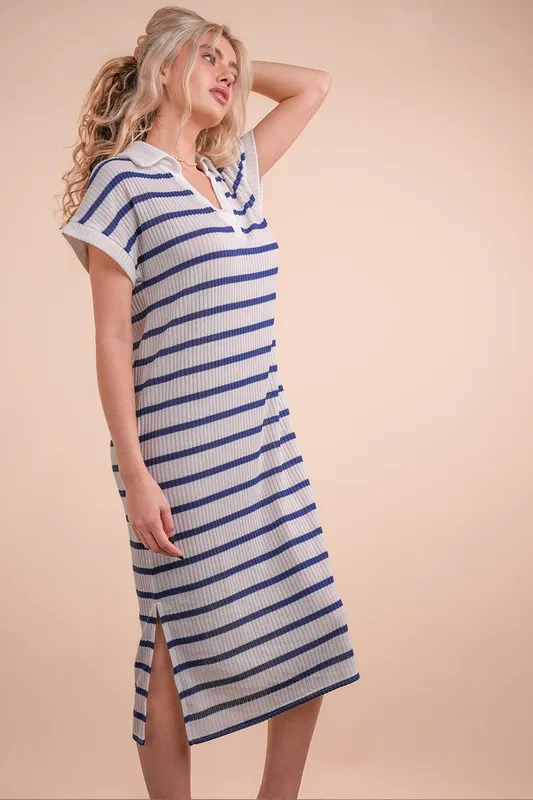 Oversized Collared Striped Knit Midi Dress, image 2