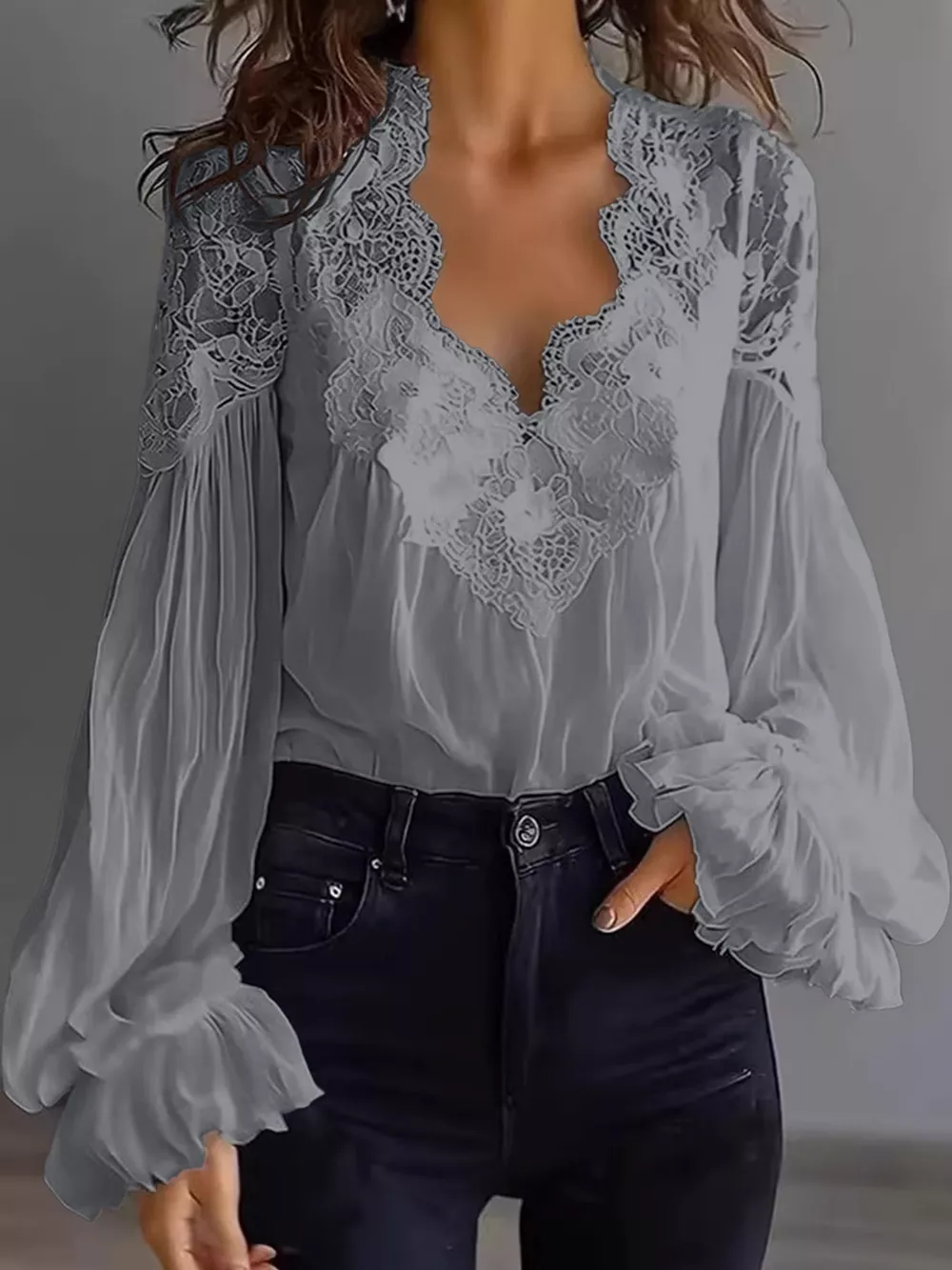 Full Size Lace V-Neck Flounce Sleeve Blouse Plus Size, image 19
