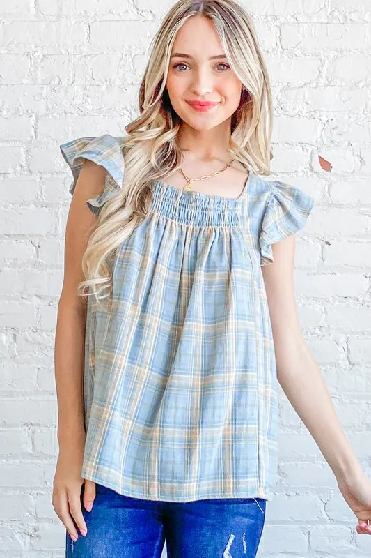 Plaid Print Smocked Detail Ruffle Baby Doll Top, image 5