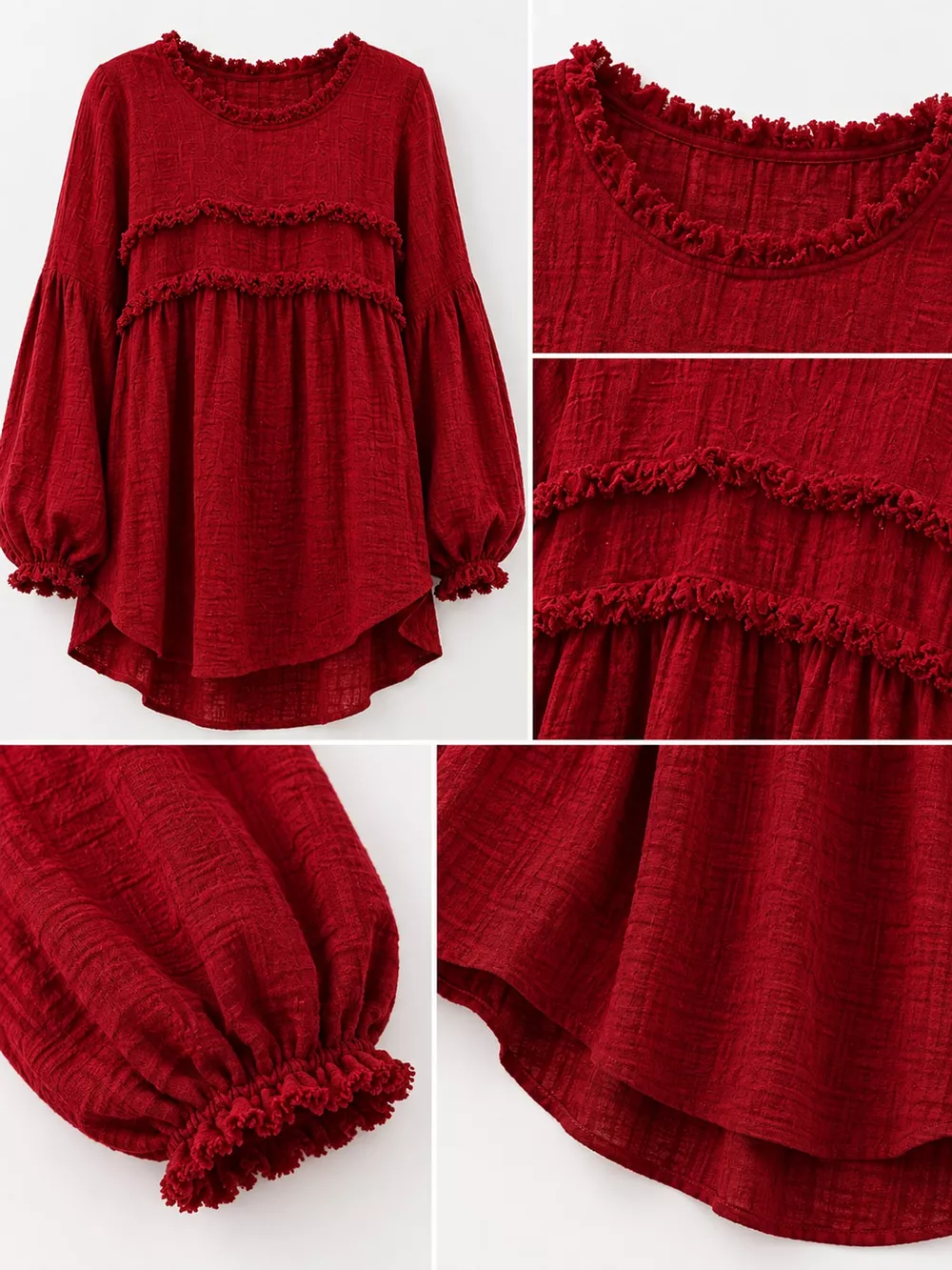 Full Size Boho Chic Textured Frayed Trim Peplum Blouse Plus Size, image 19