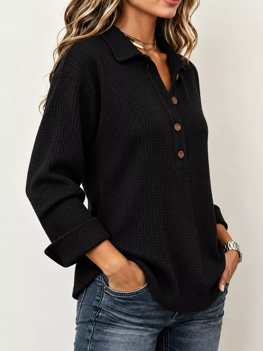 Full Size Waffle Knit Long Sleeve Polo Top Plus Size, image 17