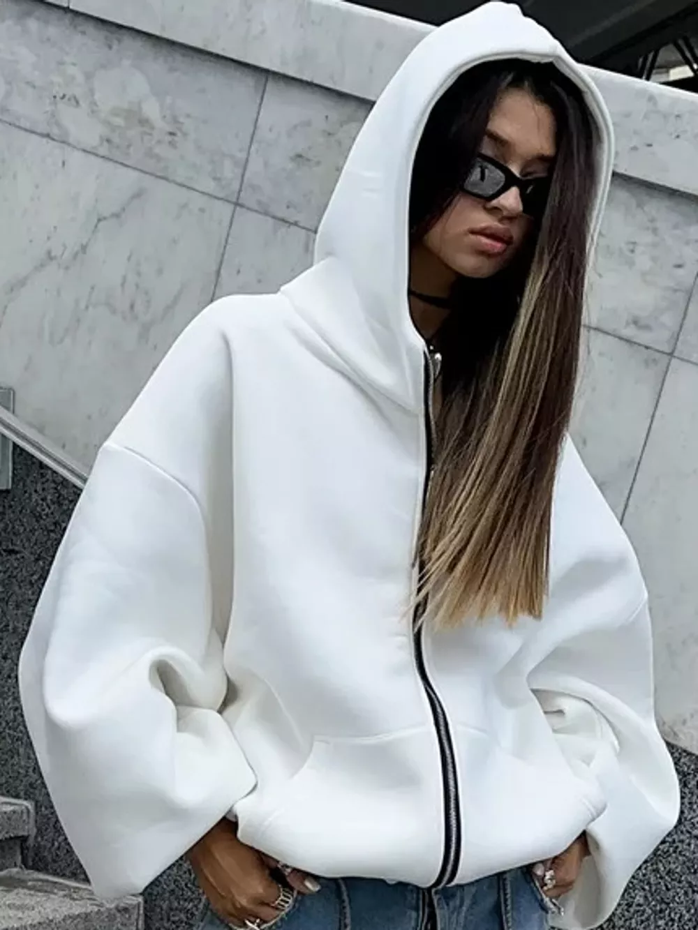 Full Size Zip-Up Drop Shoulder Hoodie Plus Size, image 2