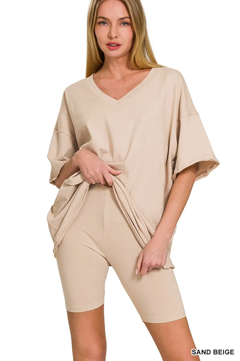 Cotton V-neck Top & Biker Shorts Set, image 2