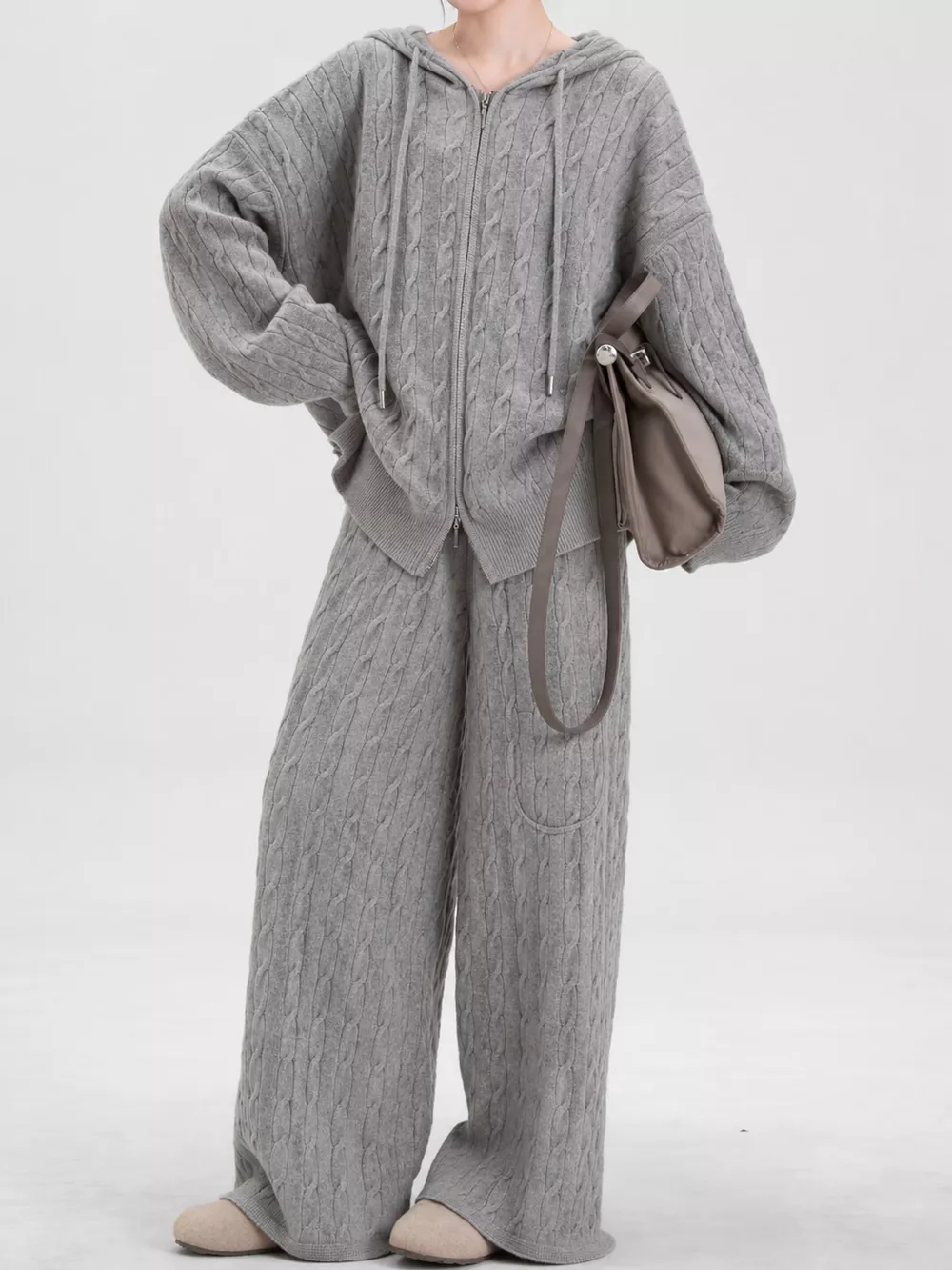 Cable Knit Zip-Up Hooded Cardigan and Wide-Leg Pants Sweater Set, image 28