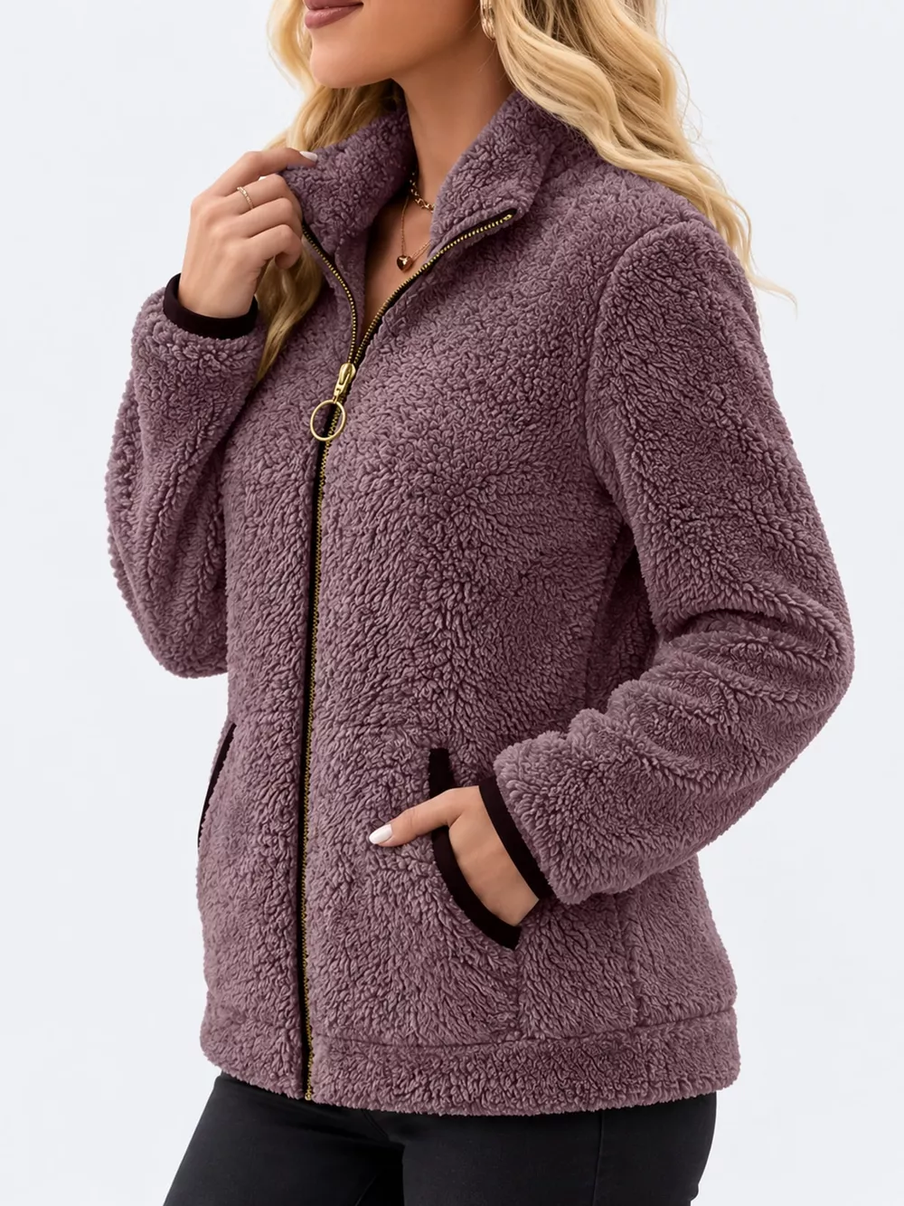 Full Size Fleece Zip-Up Jacket with Contrast Trim Plus Size, image 28