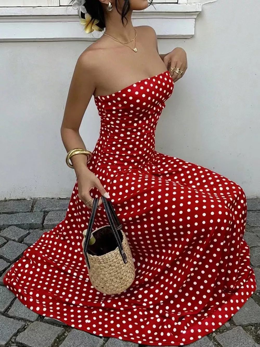 Strapless Polka Dot Ruched Maxi Dress, image 17
