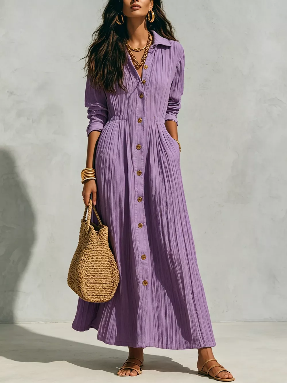 Full Size Textured Button Down Long Sleeve Maxi Dress Plus Size, image 11