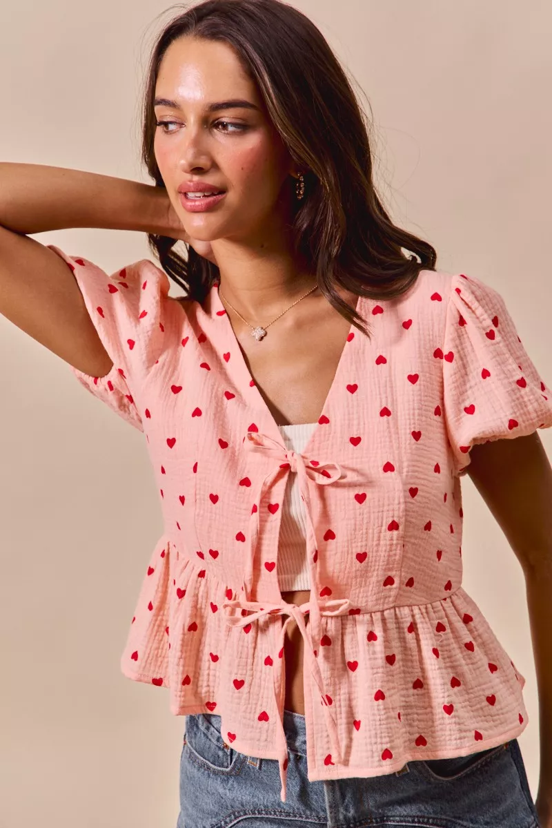 All Over Heart Ribbon Tie Baby Doll Valentine Blouse, image 5