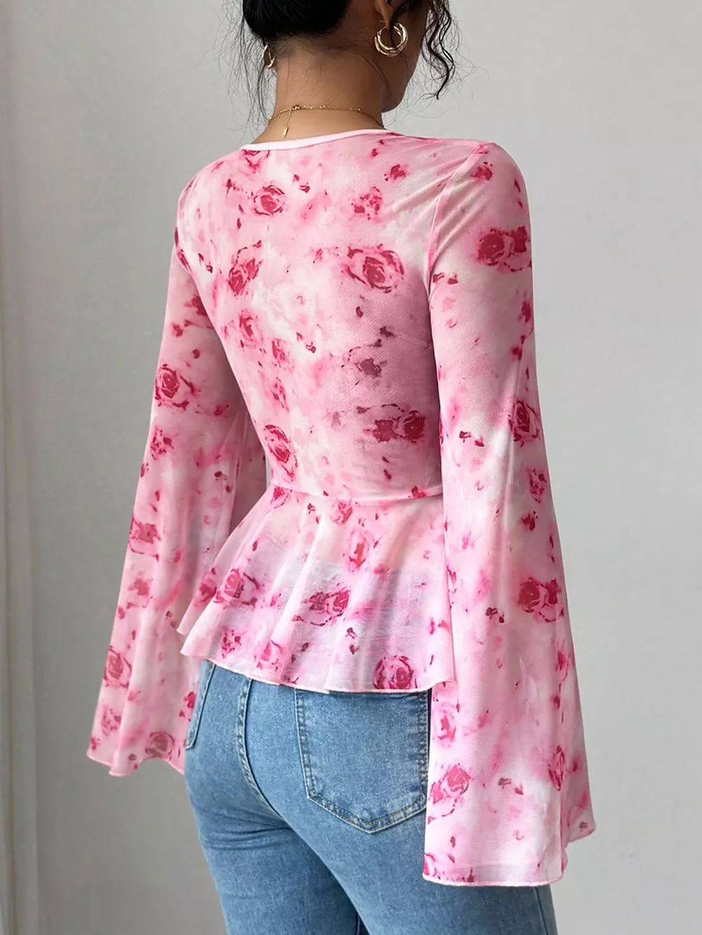 Floral Print Tie Front Flare Sleeve Chiffon Blouse, image 4