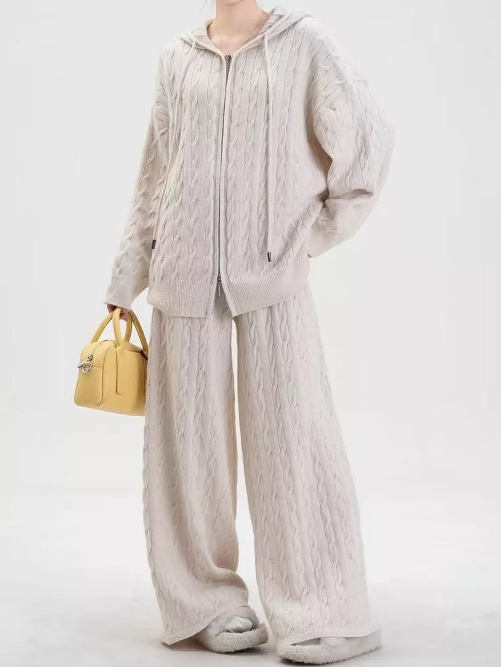 Cable Knit Zip-Up Hooded Cardigan and Wide-Leg Pants Sweater Set, image 7