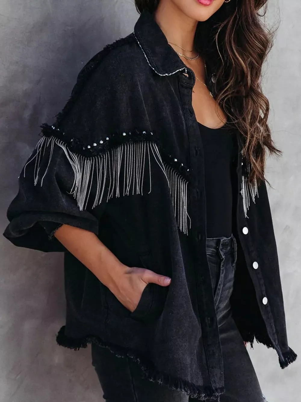 Full Size Fringe Embellished Washed Denim Jacket Plus Size, image 3