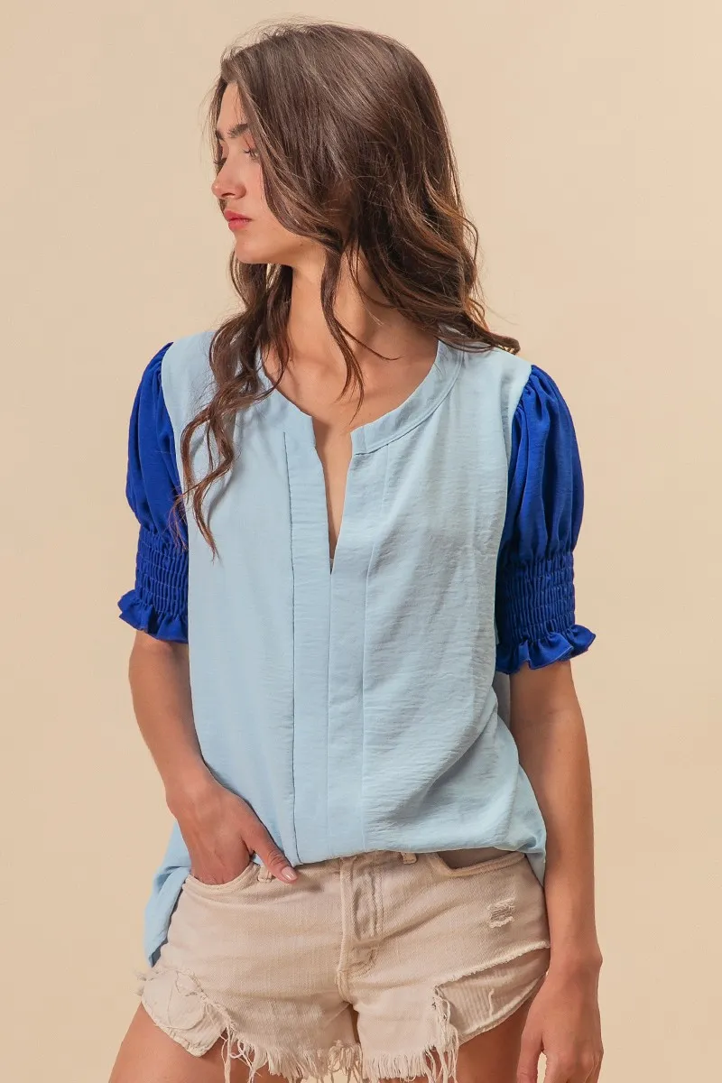 Air Flow Color Block Puff Sleeves V Neck Top, image 2