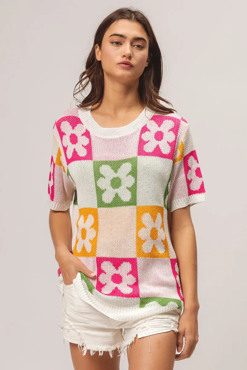 Flower Checker Pattern Lightweight Sweater Top, image 4
