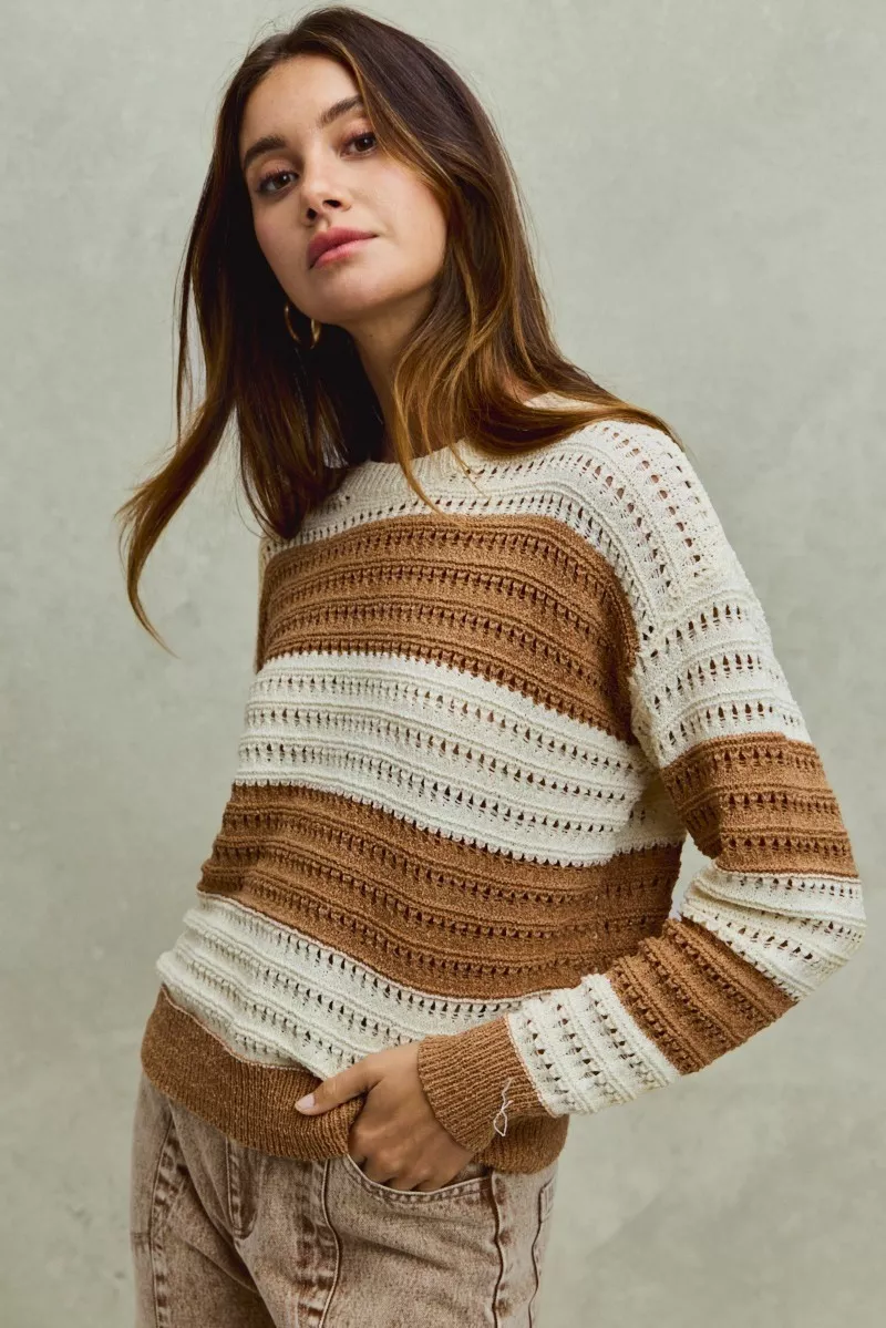Openwork Round Neck Wide Stripe Textured Sweater, image 6