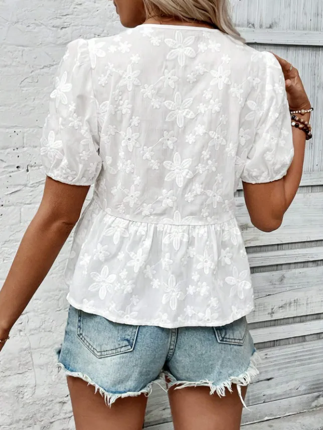 Puff Sleeve Tie Front Lace Peplum Blouse, image 6