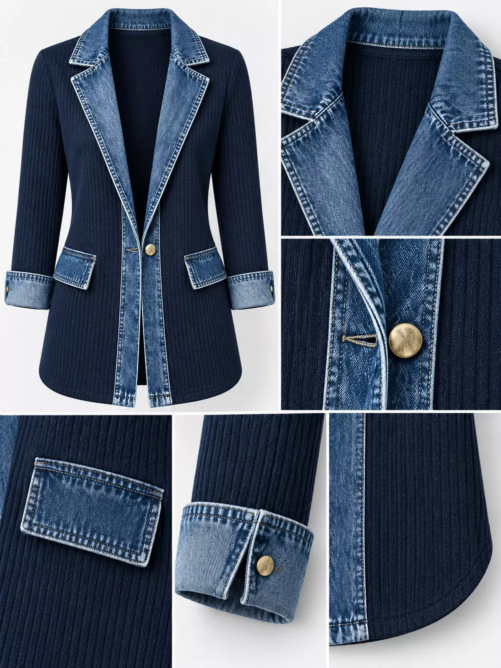 Full Size Denim Trim Ribbed Knit Cardigan Plus Size, image 31