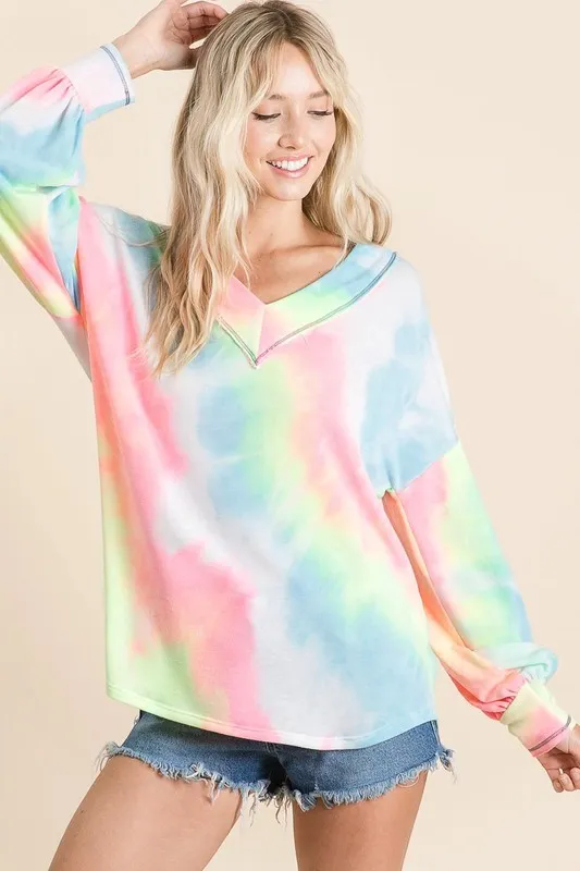 Tie Dye French Terry V-Neck Top with Puff Sleeves, image 8