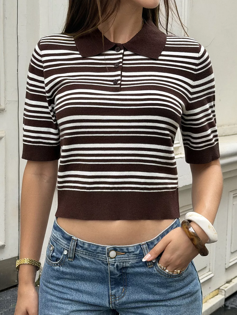 Striped Polo Cropped Knit Top, image 2