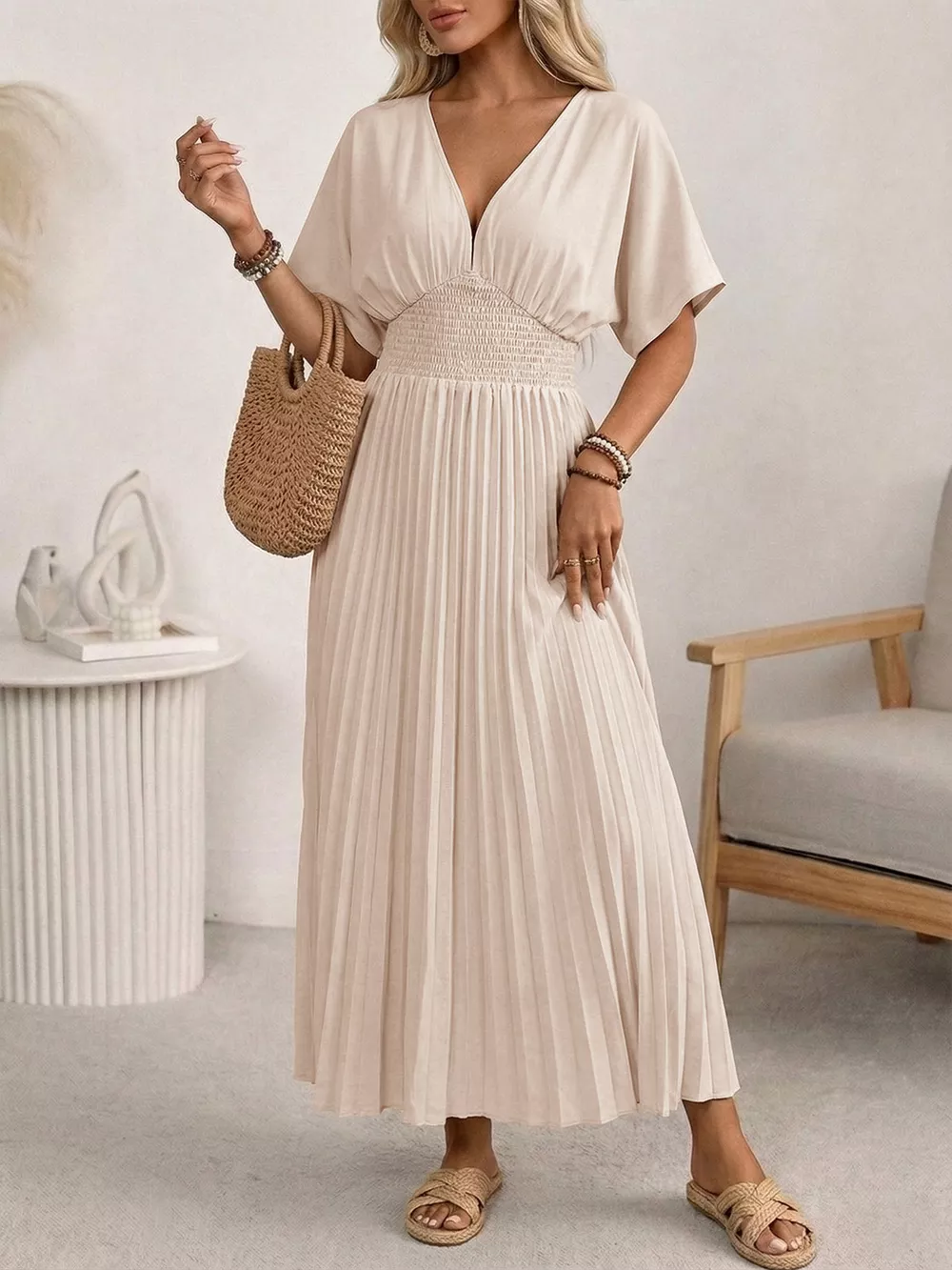 Pleated V-Neck Midi Dress, image 4