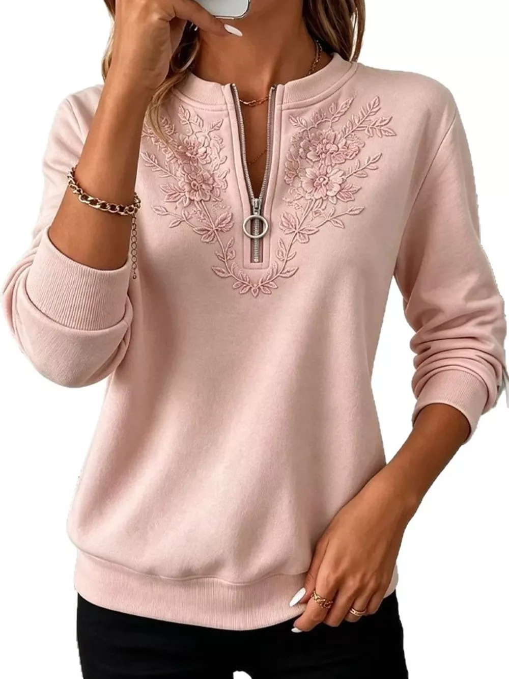 Floral Embroidered Quarter-Zip Sweatshirt