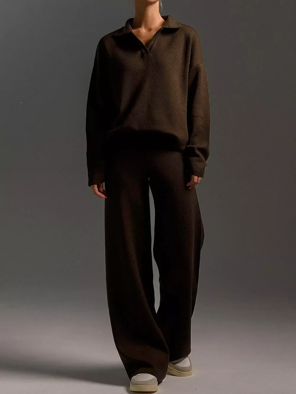 Polo Collar Top and Wide-Leg Pants Set, image 30