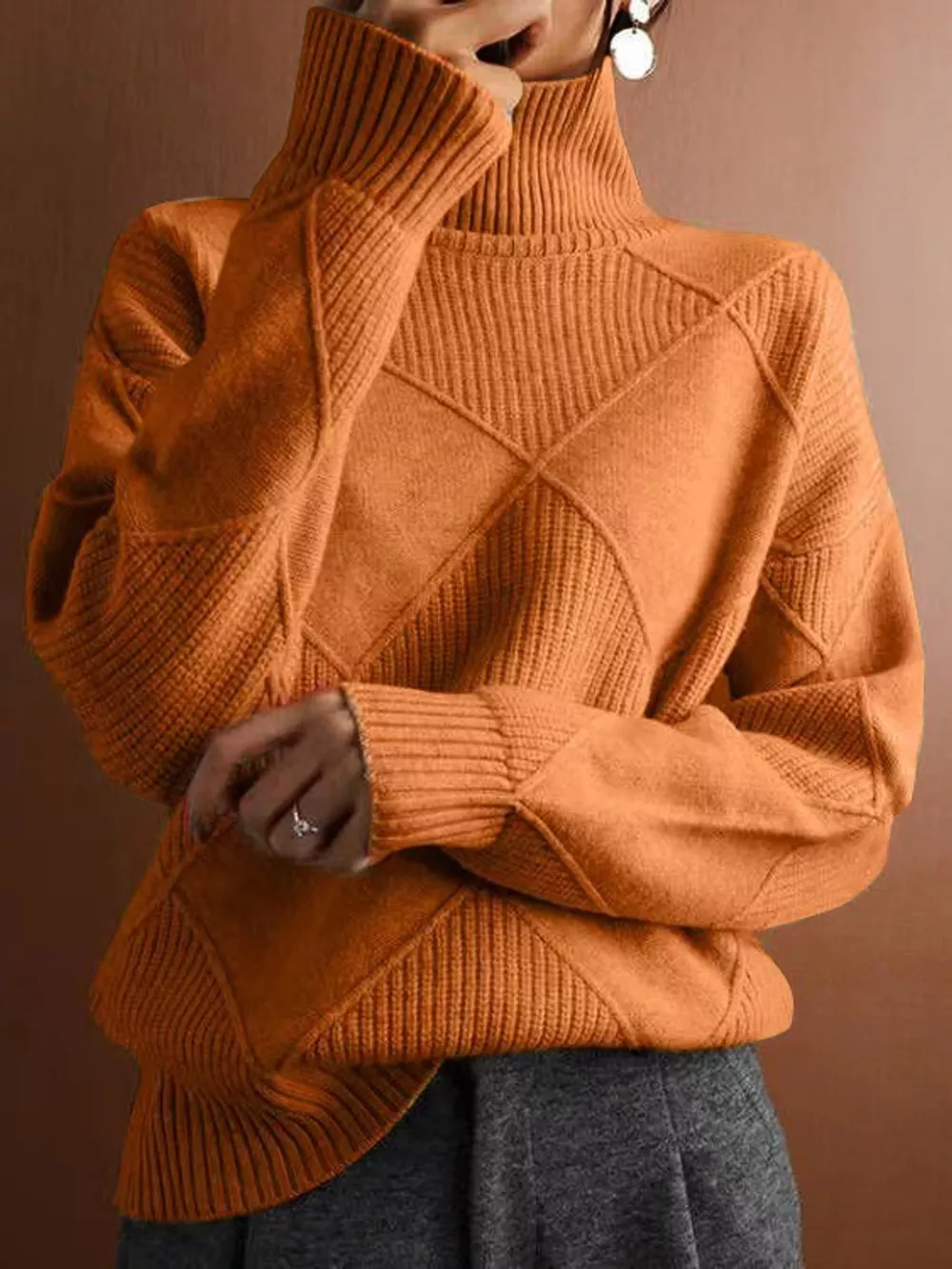 Full Size Diamond Pattern Turtleneck Sweater Plus Size, image 41
