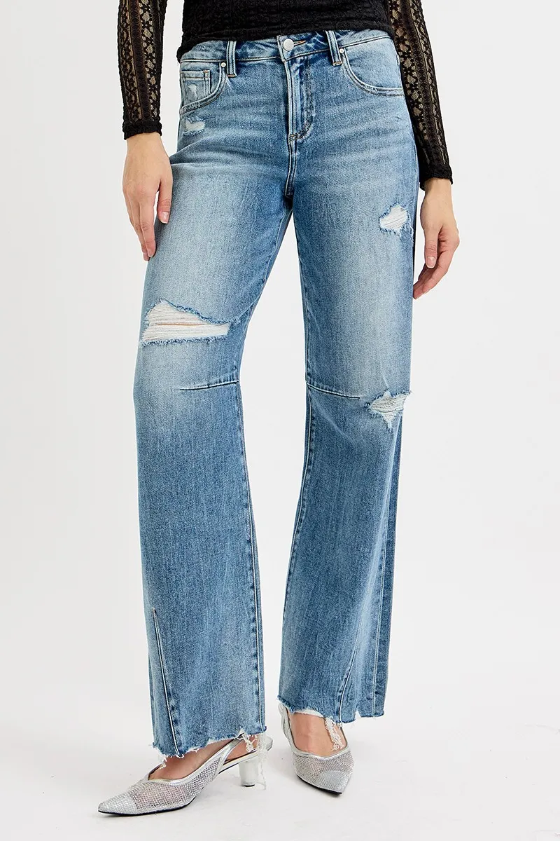 Full Size Mid Rise Fit Wide Baggy Leg Tie Washed Jeans Plus Size