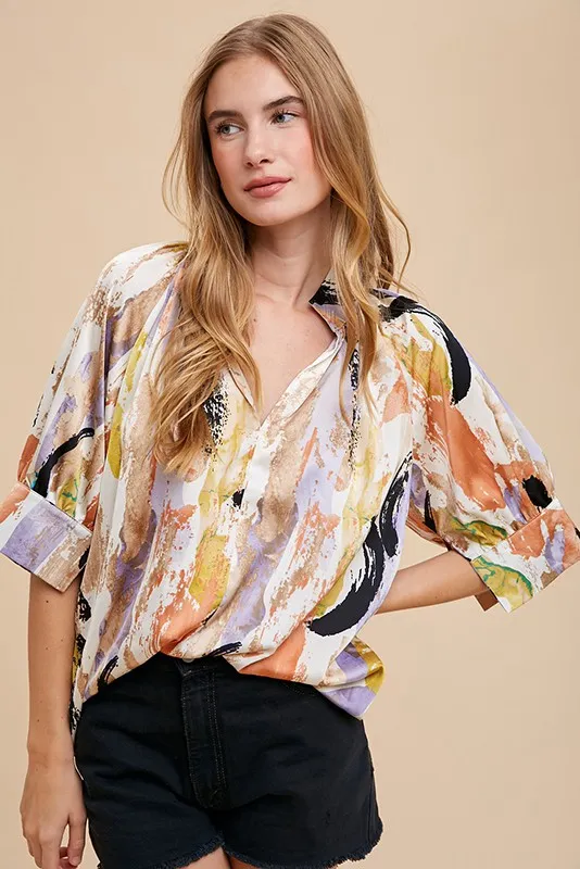Multi Color Printed V-Neck Open Woven Blouse Top, image 3