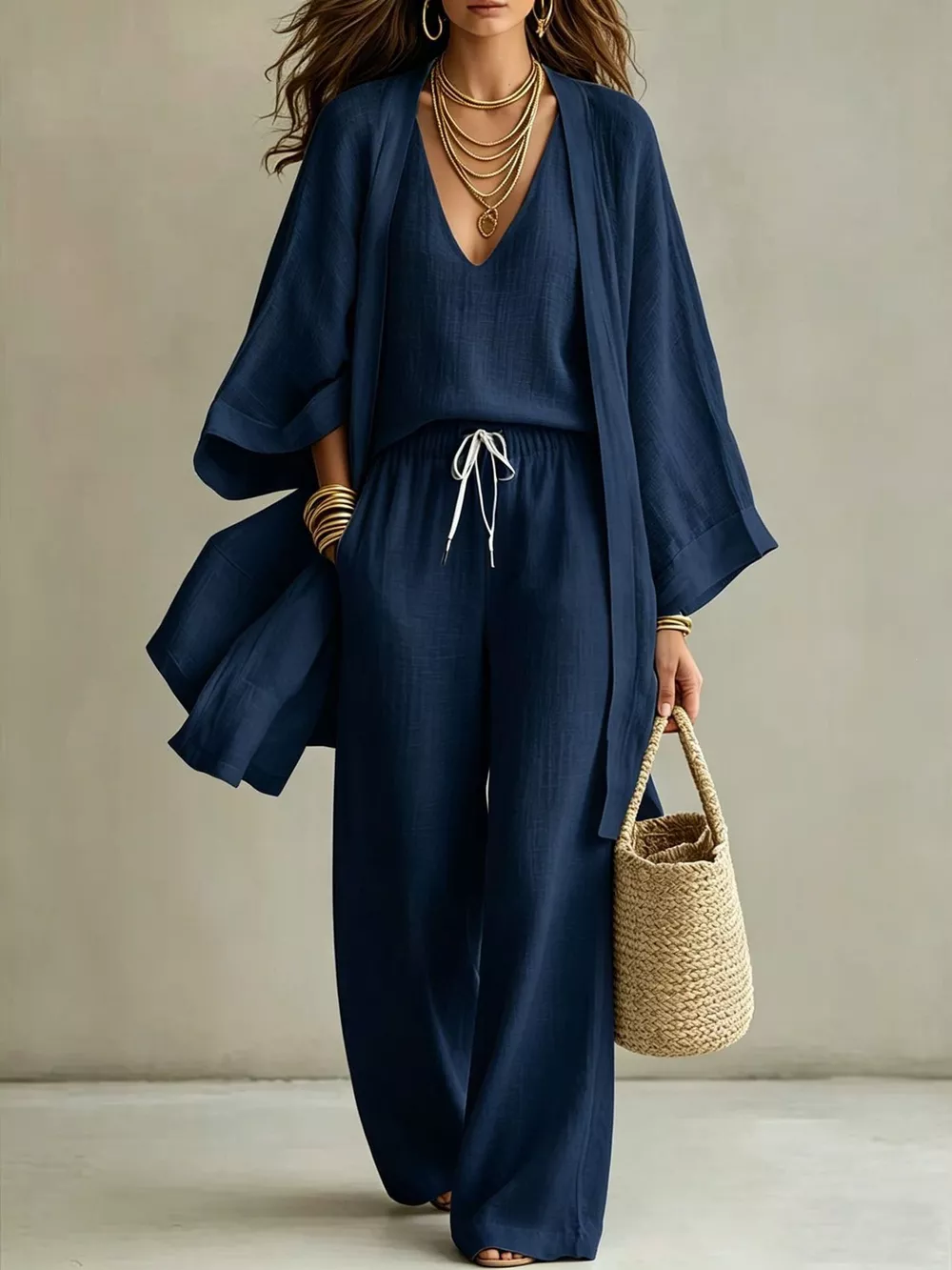 V-Neck Top & Cardigan & Pants Three-Piece Set, image 10