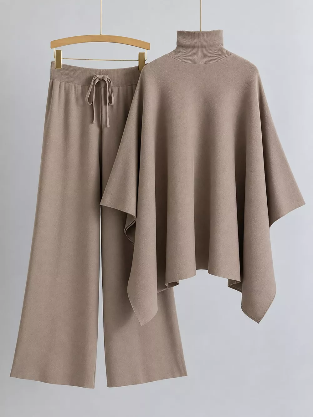 Elegant Turtleneck Poncho Sweater and Wide-Leg Knit Pants Set, image 3