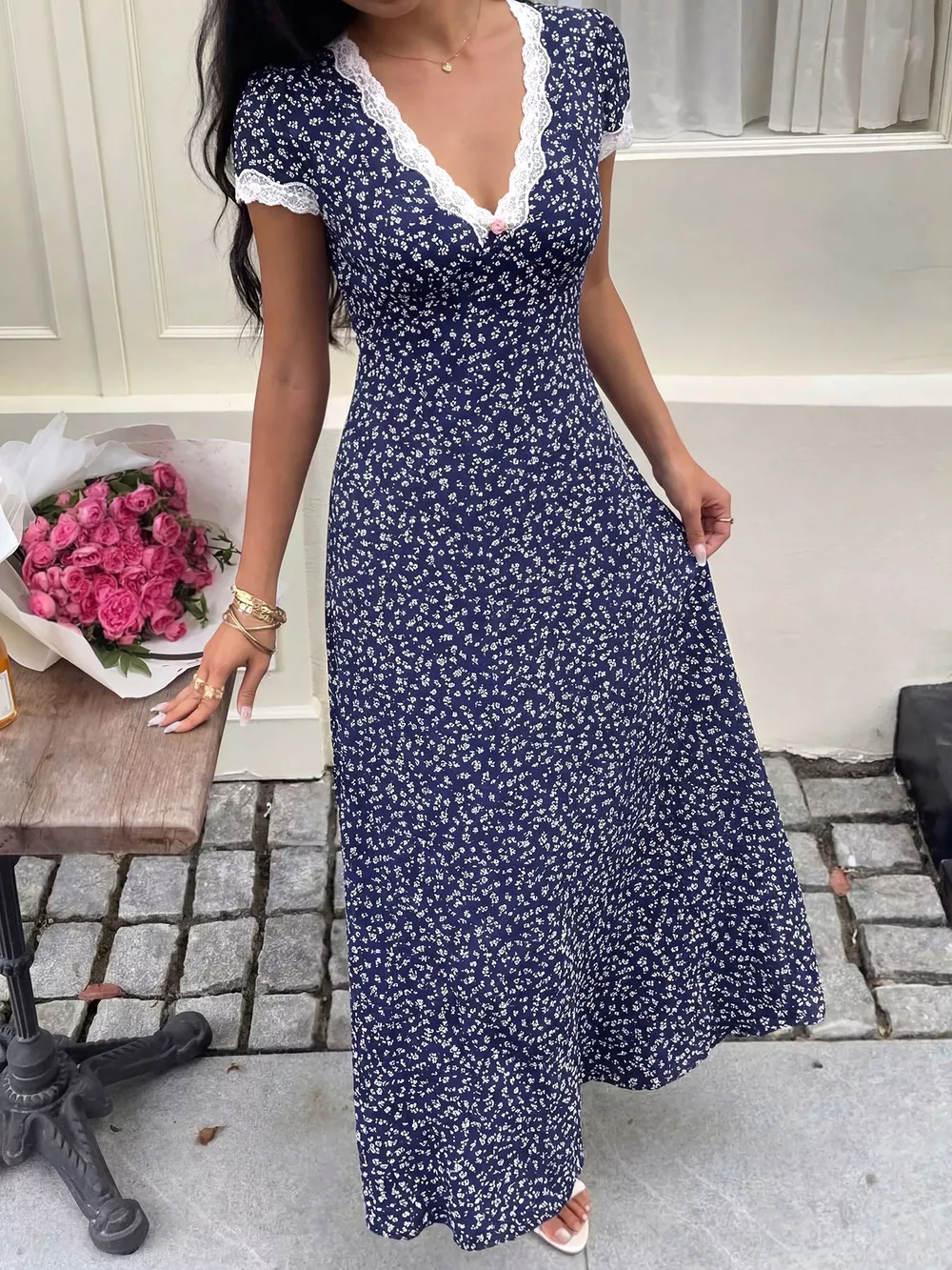 Floral Print Lace Trim Maxi Dress, image 3