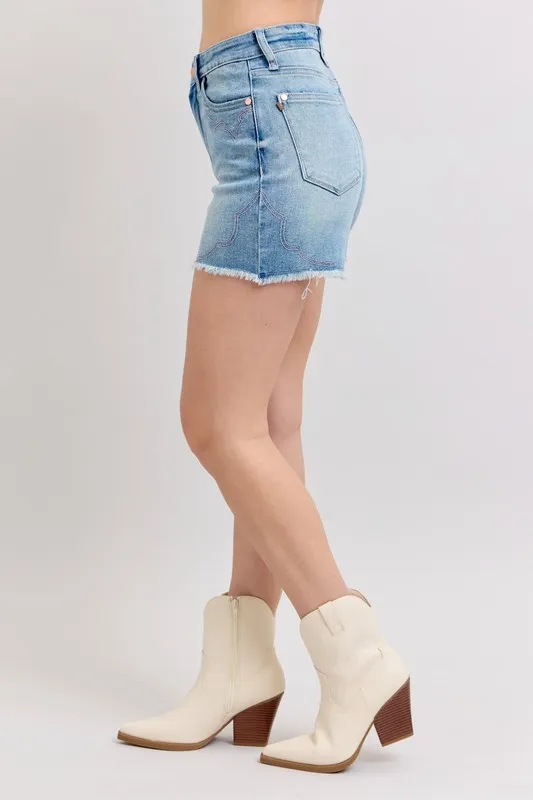 Full Size High Waist Western Embroidery Detail Cut Off Denim Shorts Plus Size, image 13
