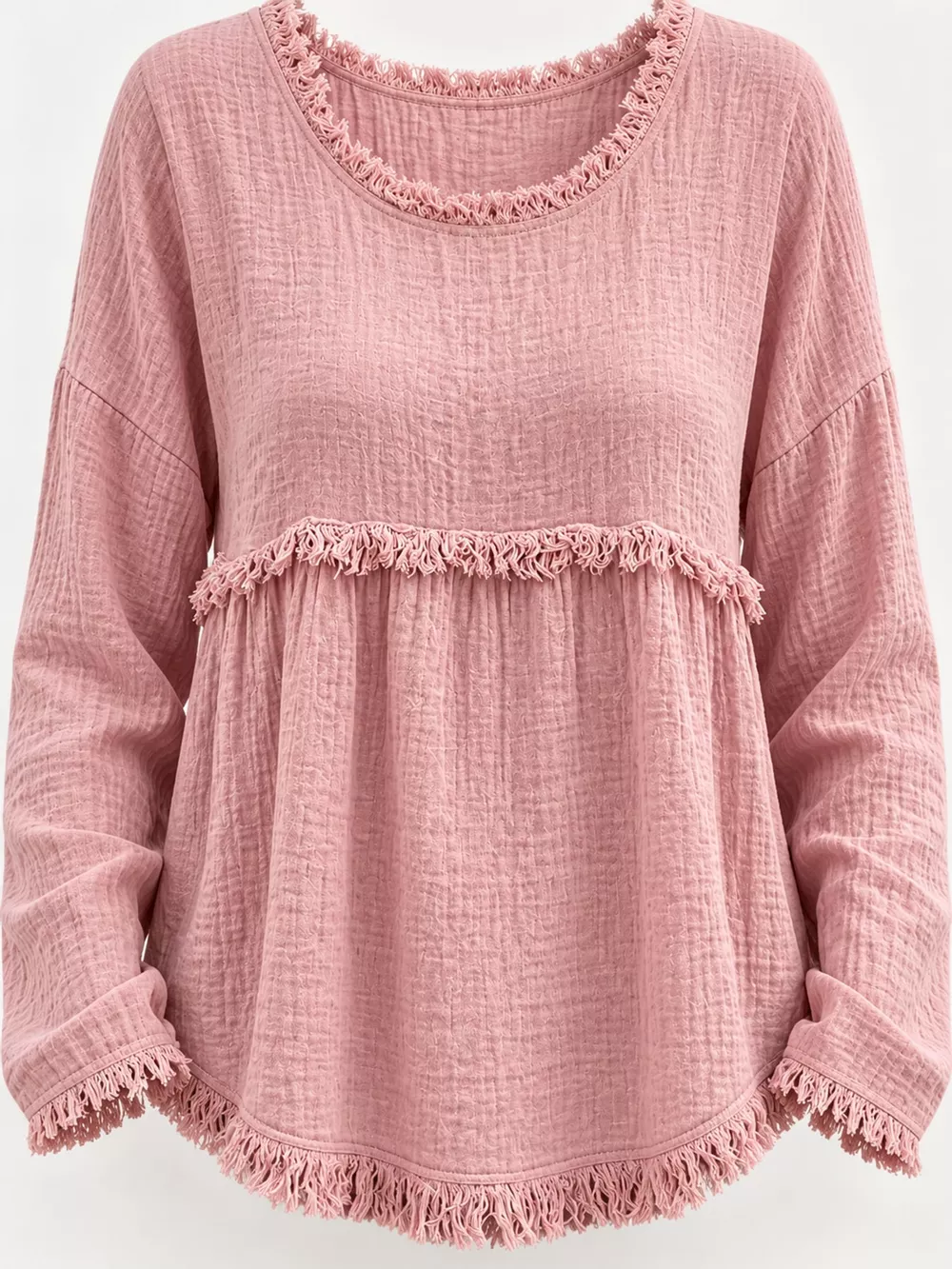Full Size Frayed Hem Textured Blouse Plus Size, image 17