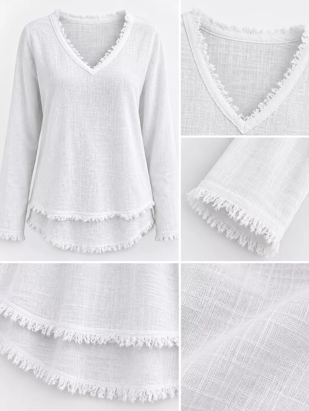 Full Size Frayed Hem V-Neck Blouse Plus Size, image 25