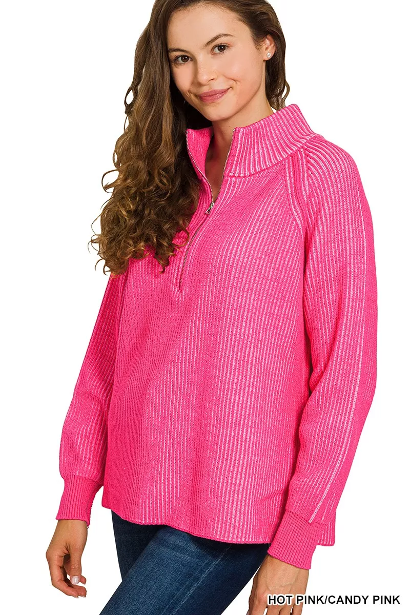 Ribbed Two Tone Half Zip Sweater, image 3