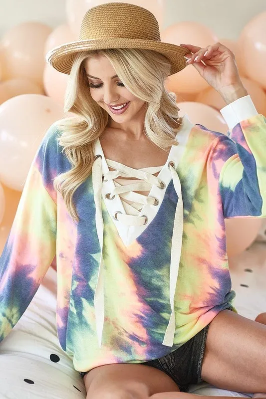Tie Dye Deep V-Neck Top with Lace Up Front, image 4