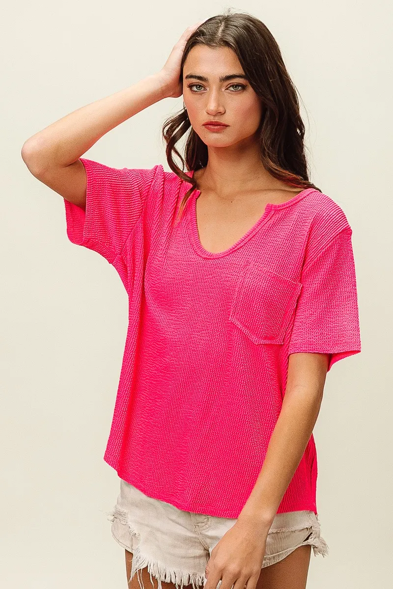Waved Rib U Neck Top With Front Pocket, image 6
