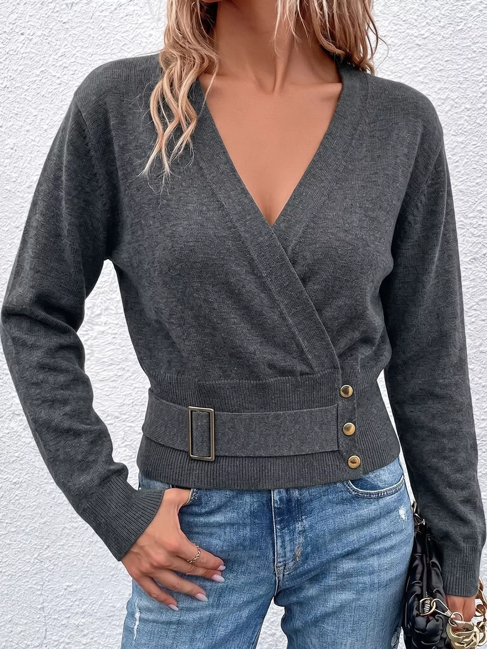 Surplice Elastic Waist Long Sleeve Knit Top, image 2