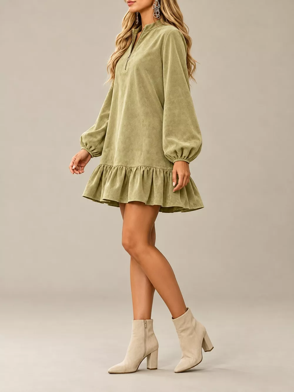 Quarter-Zip Ruffle Hem Mini Dress, image 2