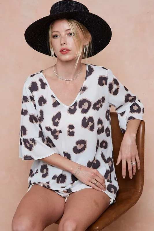 Leopard Printed V Neck Woven Top with Ruffled, image 3