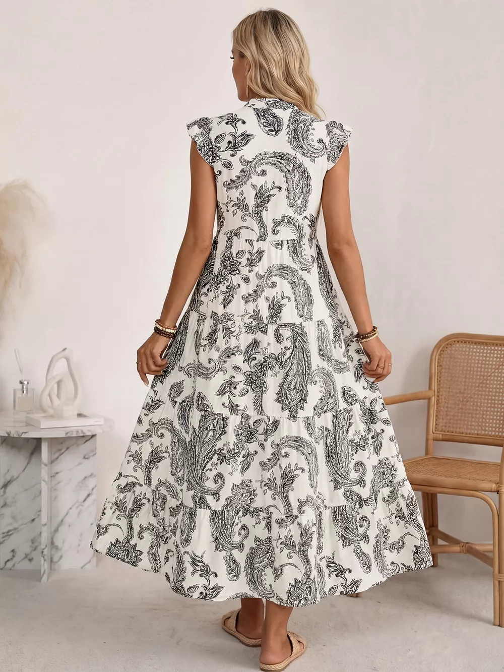 Printed Notched Ruffle Sleeve Maxi Dress, image 5