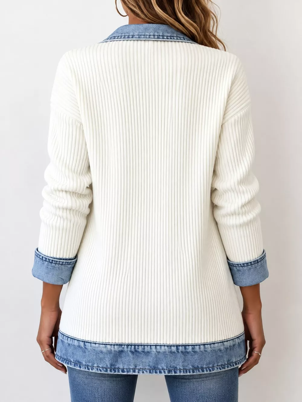 Full Size Denim Trim Ribbed Knit Cardigan Plus Size, image 15