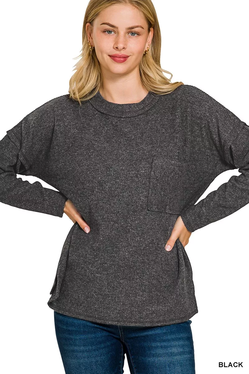 Ribbed Brushed Melange Hacci Sweater with Chest Pocket