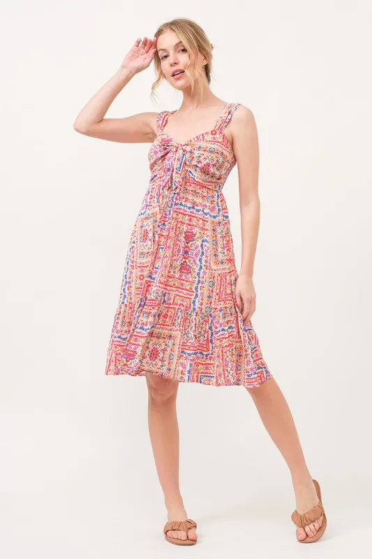 Tied Front Smocked Back Tiered Boho Printed Dress, image 4