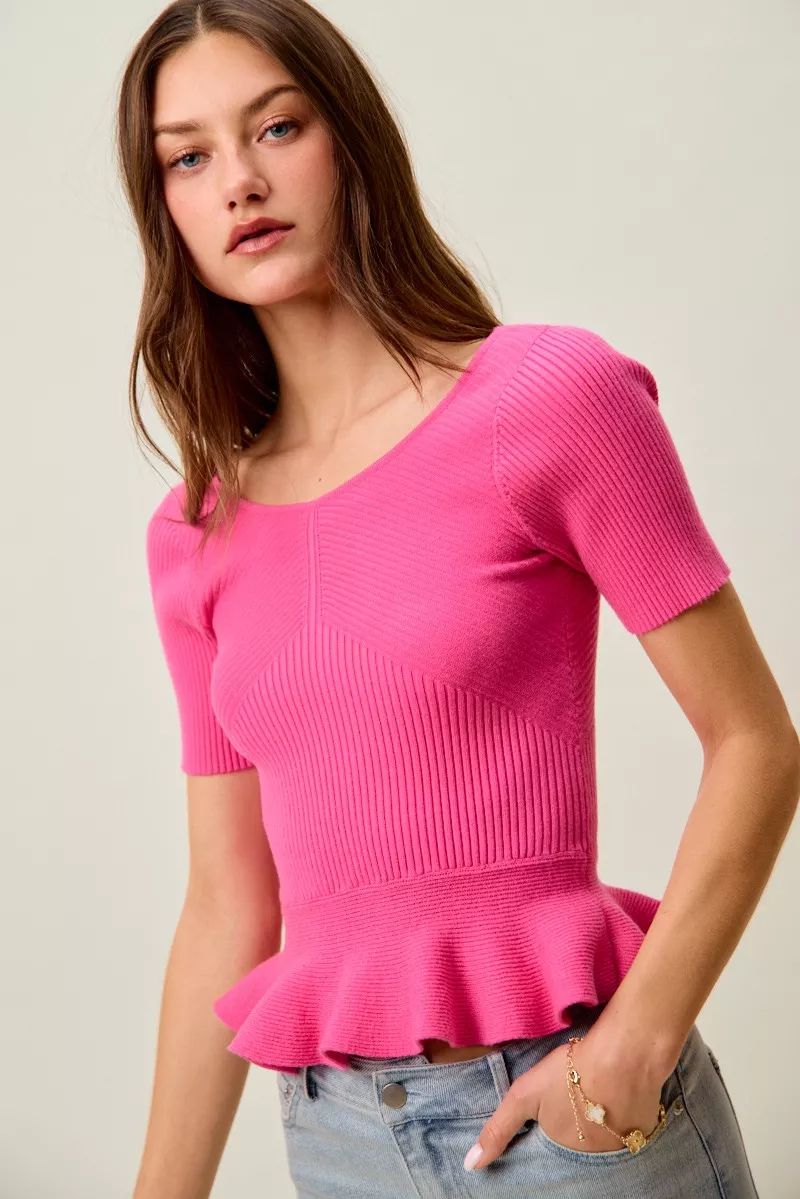 Ribbed Knit Short Sleeves Peplum Sweater Top, image 8
